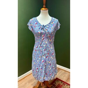Vintage Dressing Clio Blue Floral Ruched Front Tie Neck Mini Dress Women's S
